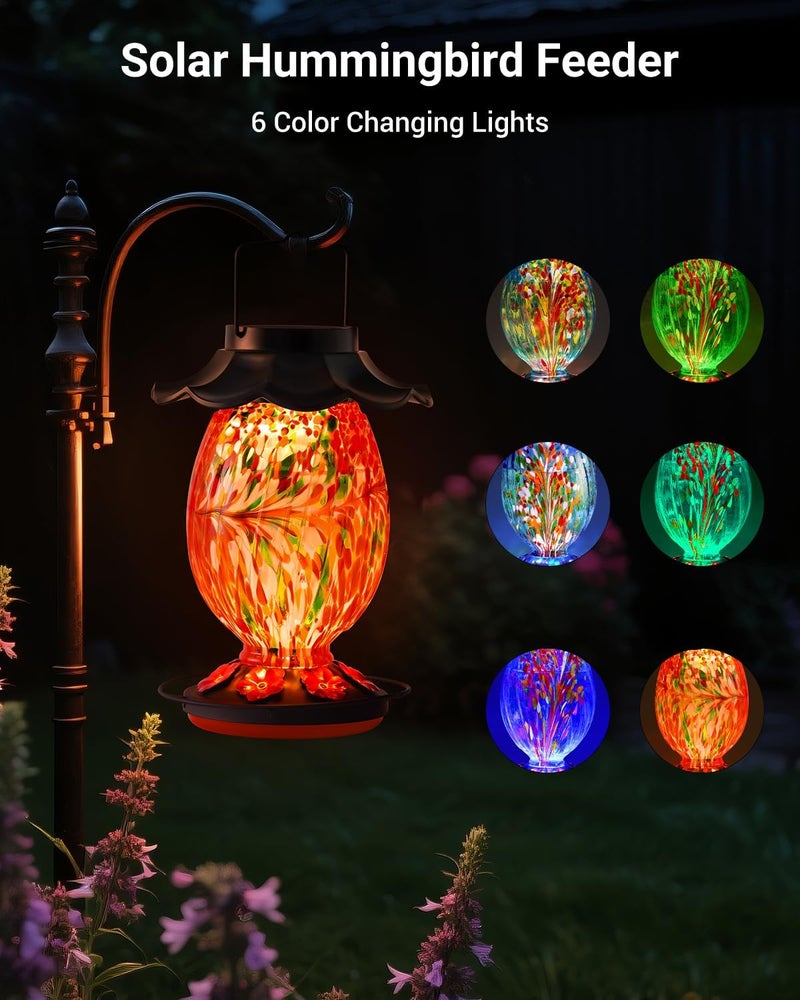 HouseSapp Solar Hummingbird Feeder - 49 fl.oz Hand Blown Glass Color Changing - 7 Feeding Ports with Perch - Never Leak - Perfect Hummingbird Feeder - Image 2